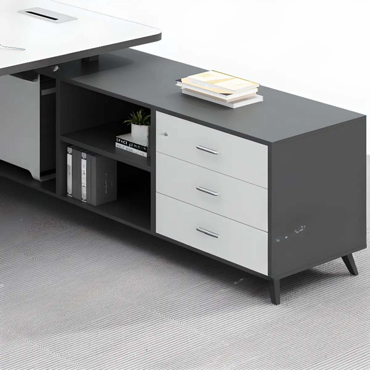 White-Black Wood L-Shape Computer Desk — Brown / Without Chairs