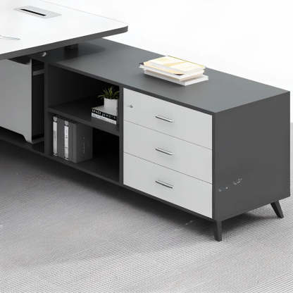 White-Black Wood L-Shape Computer Desk — Brown / Without Chairs