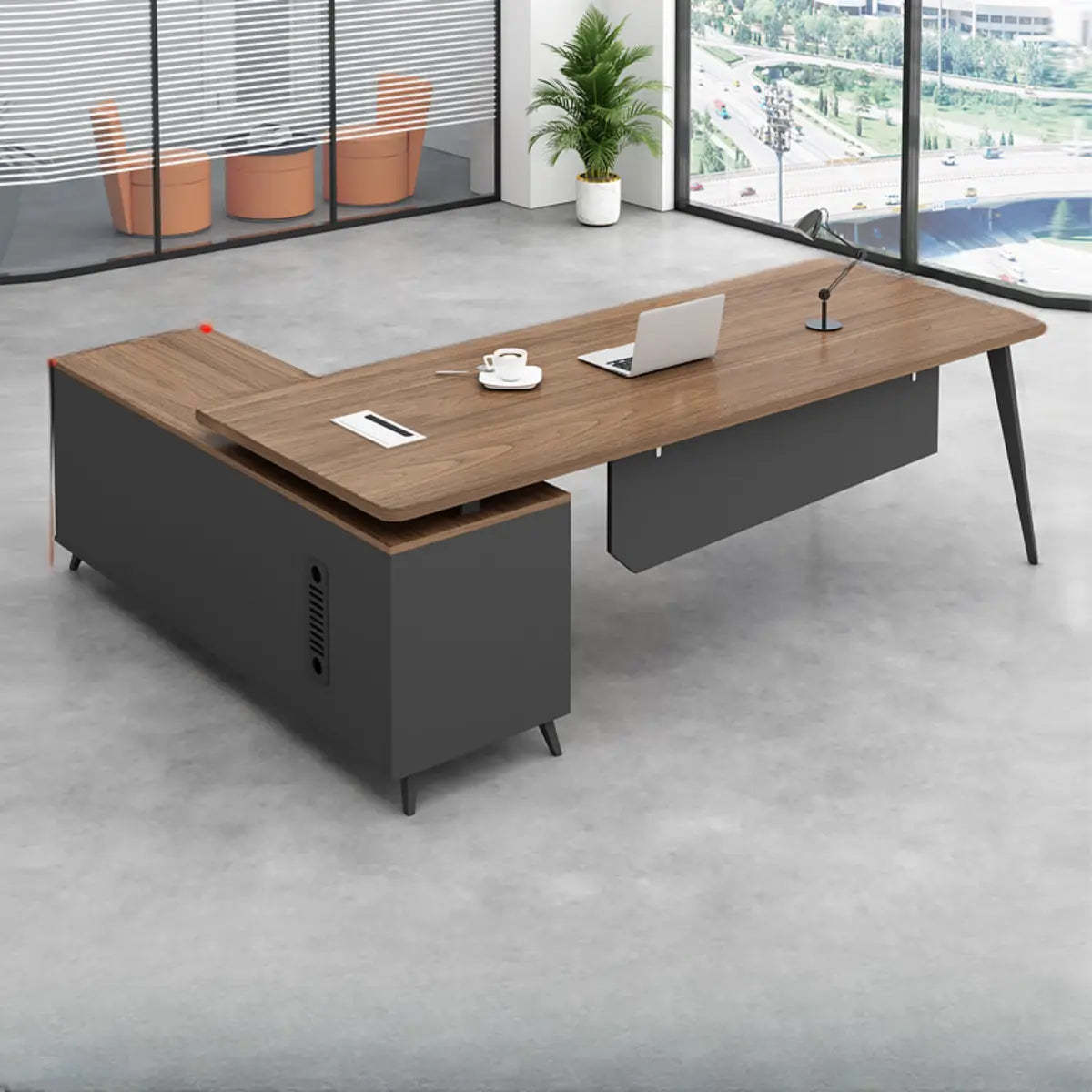 Lighom modern computer desk wood desks — 63" L x 63" W x 29.5" H / Brown / Black