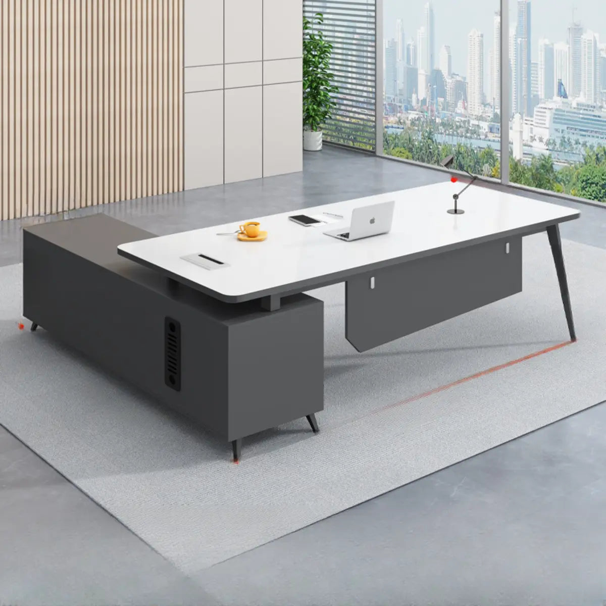 White-Black Wood L-Shape Computer Desk — Brown / Without Chairs
