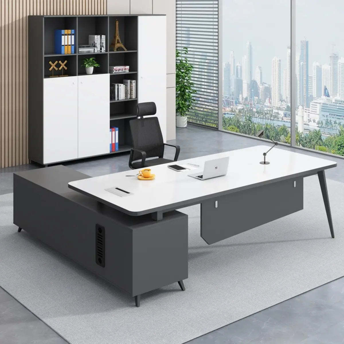White-Black Wood L-Shape Computer Desk — Brown / Without Chairs