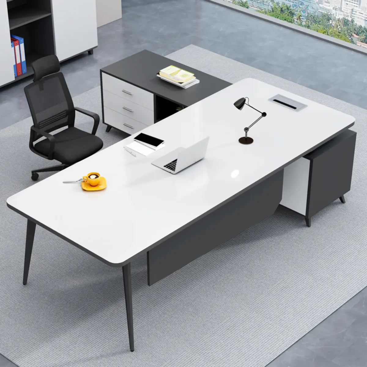 White-Black Wood L-Shape Computer Desk — Brown/ Black / Without Chairs