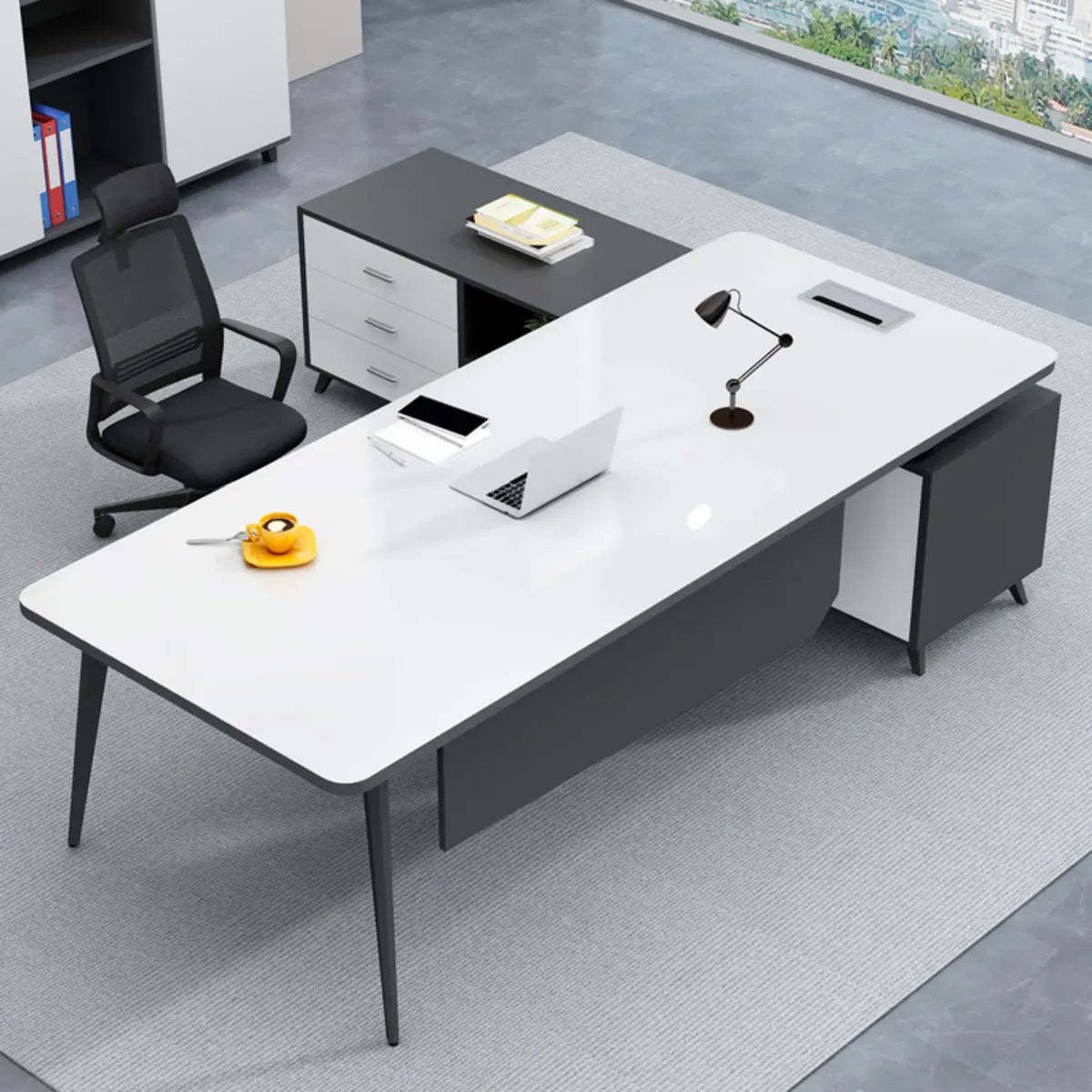 White-Black Wood L-Shape Computer Desk — Brown/ Black / Without Chairs