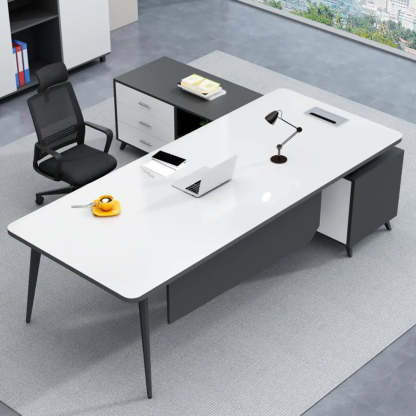 White-Black Wood L-Shape Computer Desk — Brown/ Black / Without Chairs