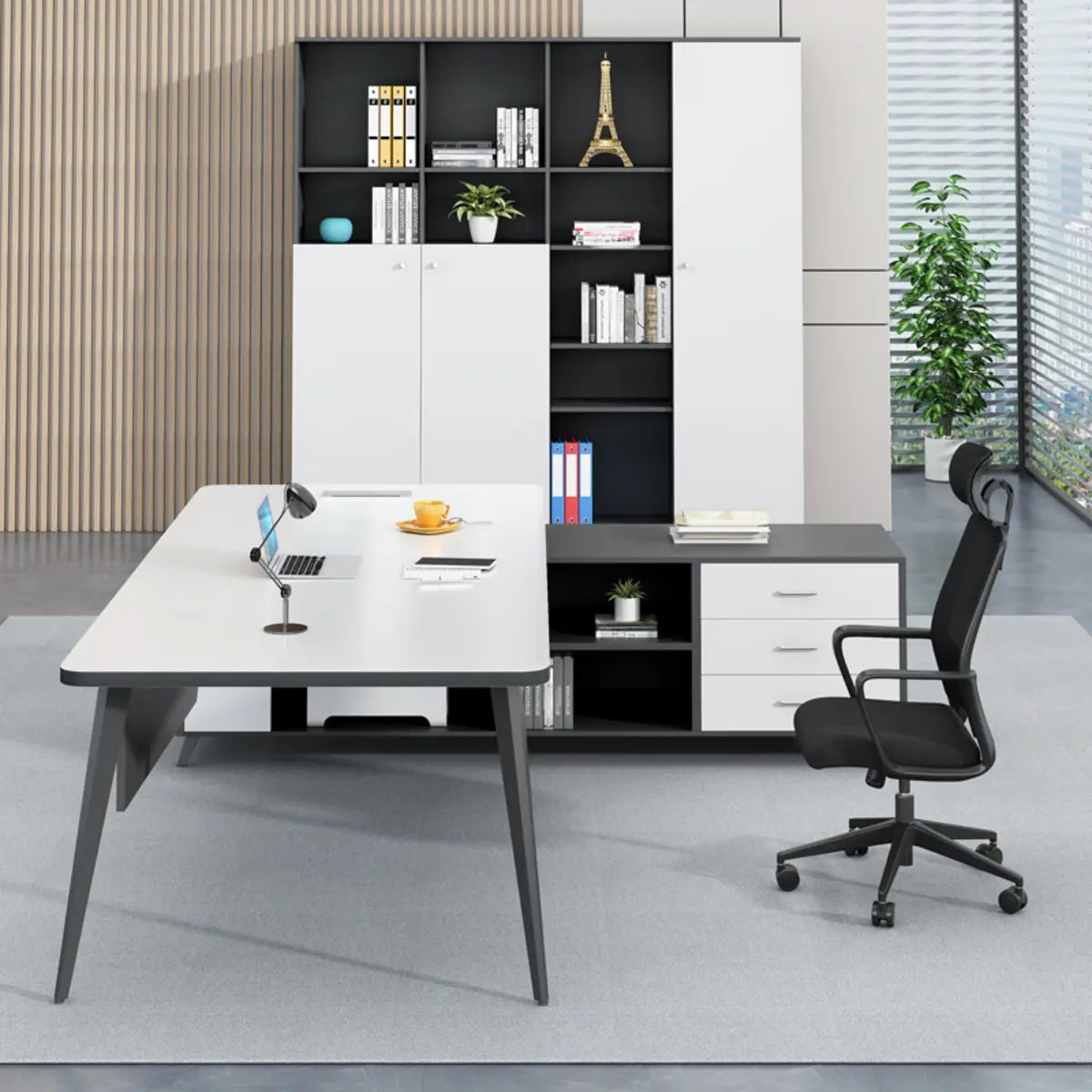 White-Black Wood L-Shape Computer Desk — Brown / Without Chairs
