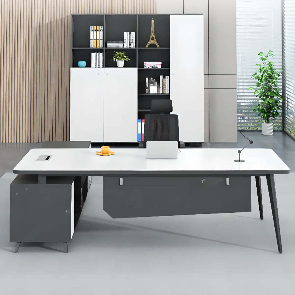 White-Black Wood L-Shape Computer Desk — Brown / Without Chairs