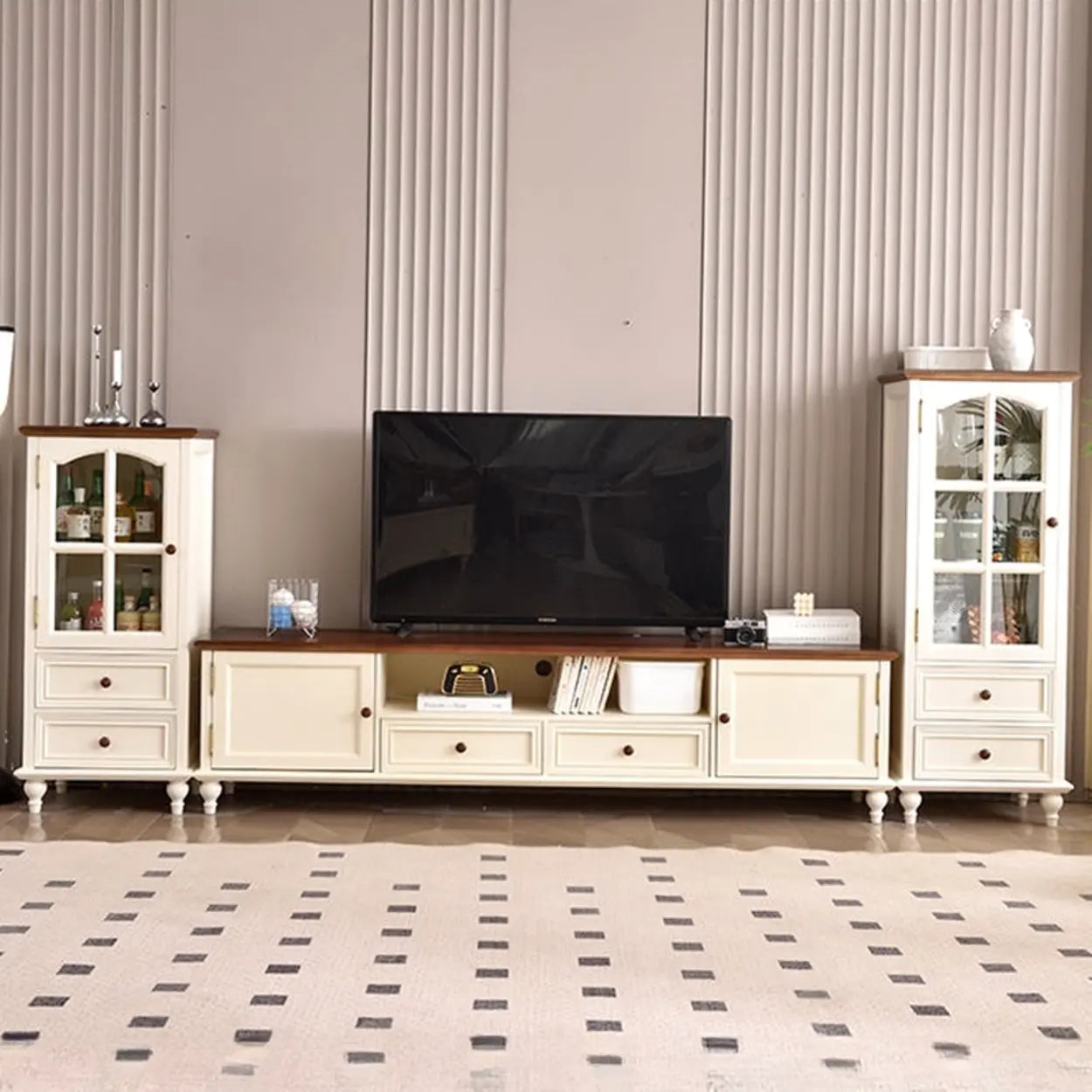 White and Brown Wood Open Storage TV Stand — Ivory