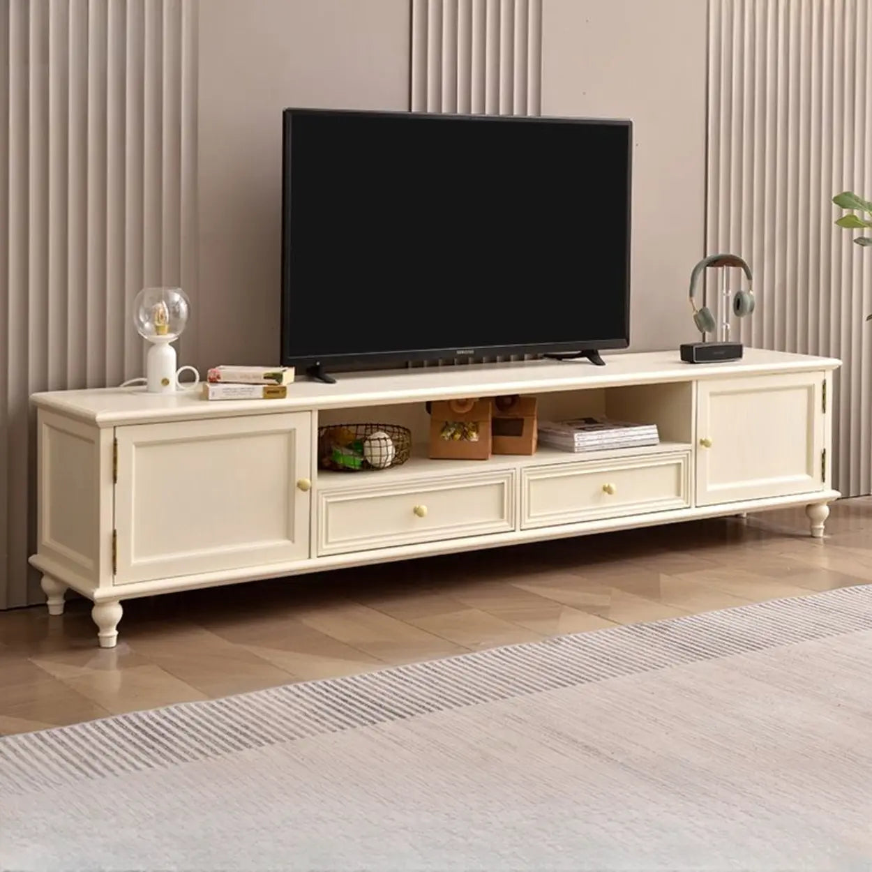 White and Brown Wood Open Storage TV Stand — Ivory