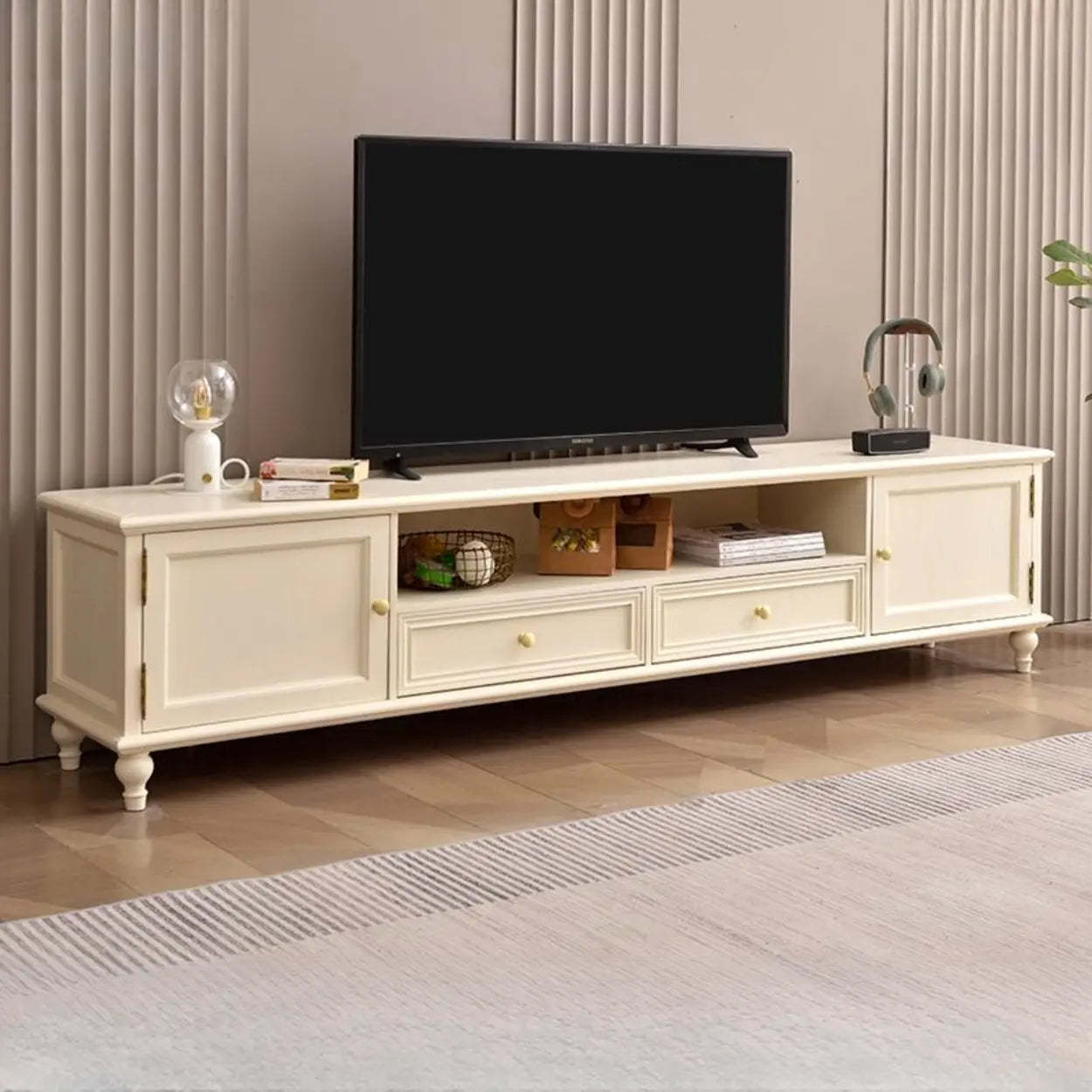 White and Brown Wood Open Storage TV Stand — Ivory
