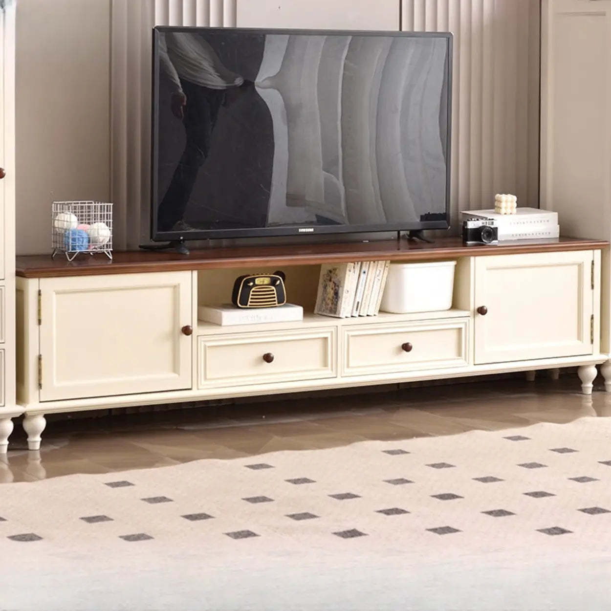 White and Brown Wood Open Storage TV Stand — Dark Walnut