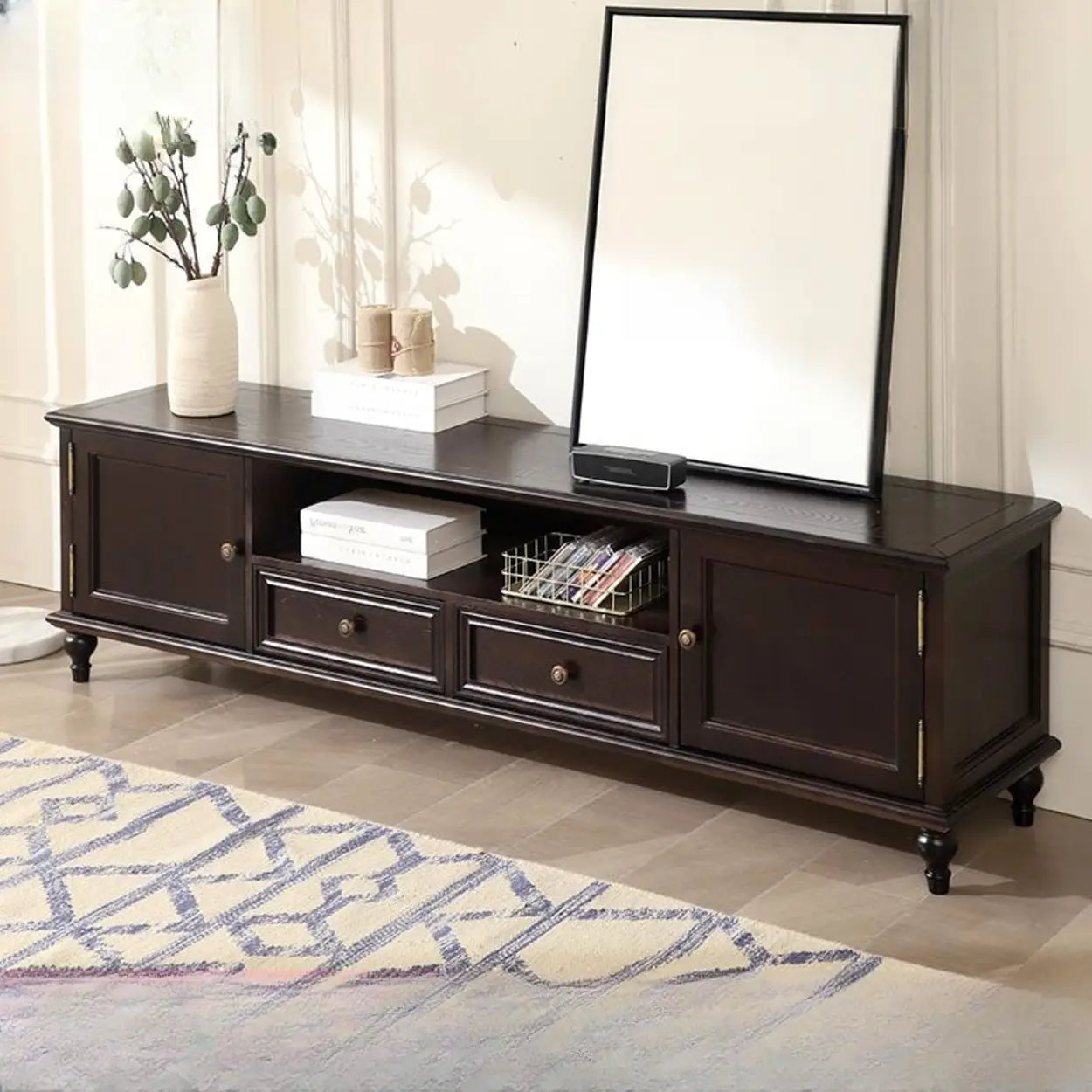 White and Brown Wood Open Storage TV Stand — Dark Walnut