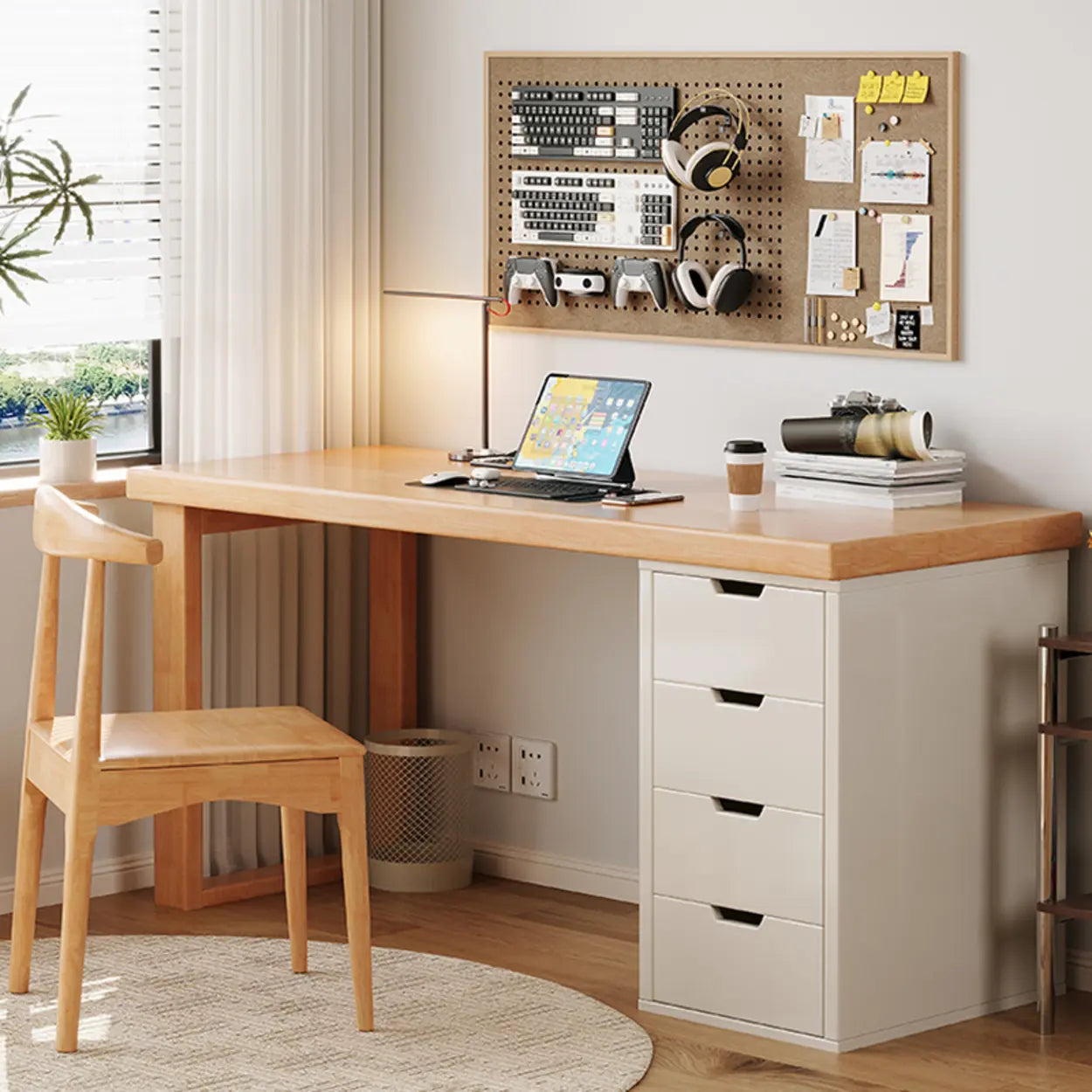White Butcher Block Soft-Close Computer Desk — Without Chairs / Natural Finish