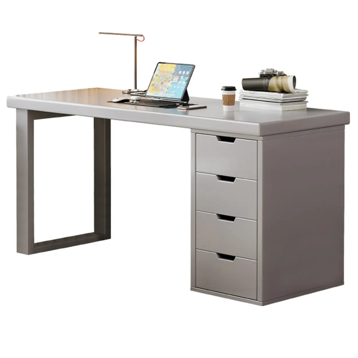 White Butcher Block Soft-Close Computer Desk — Without Chairs / Natural Finish