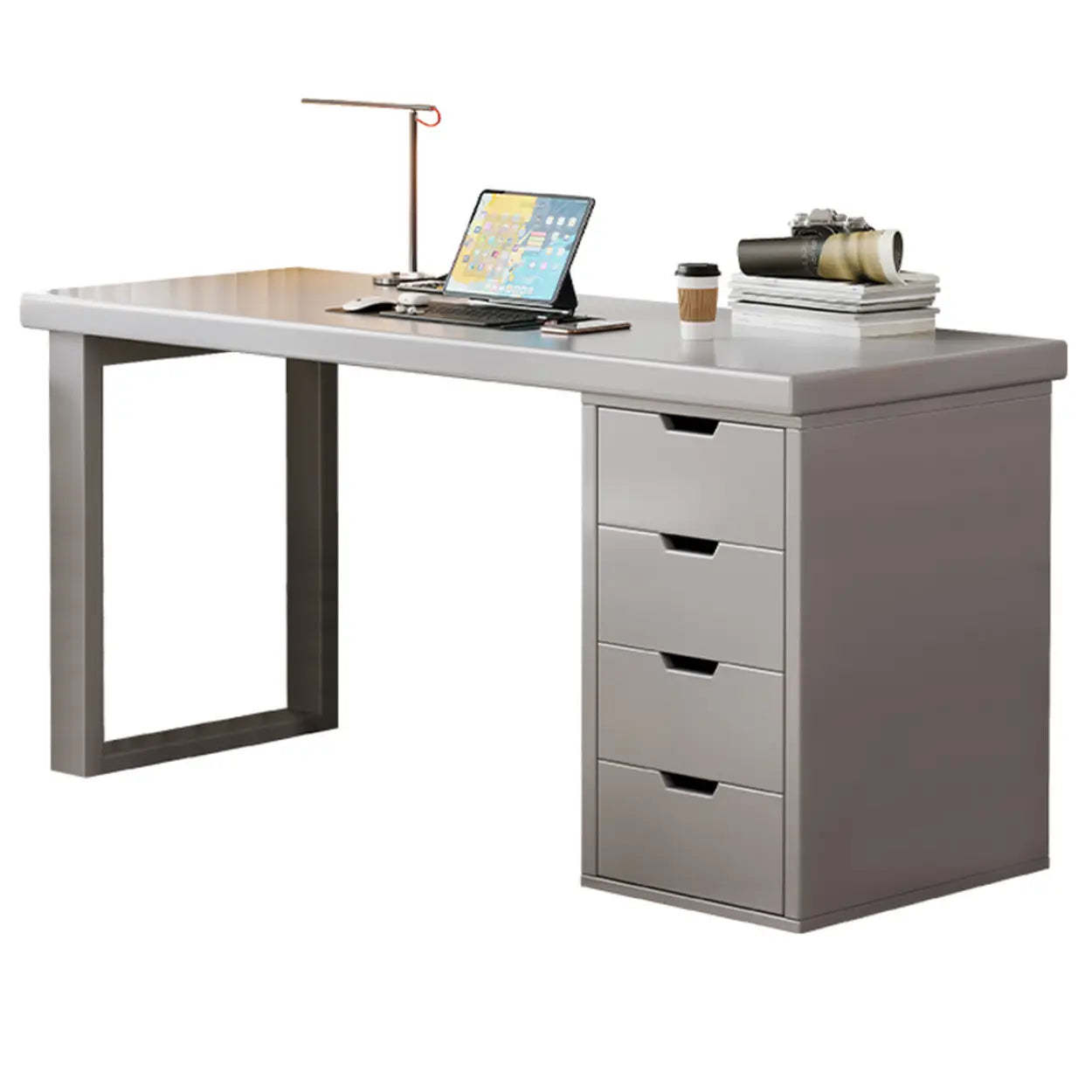 White Butcher Block Soft-Close Computer Desk — Without Chairs / Natural Finish