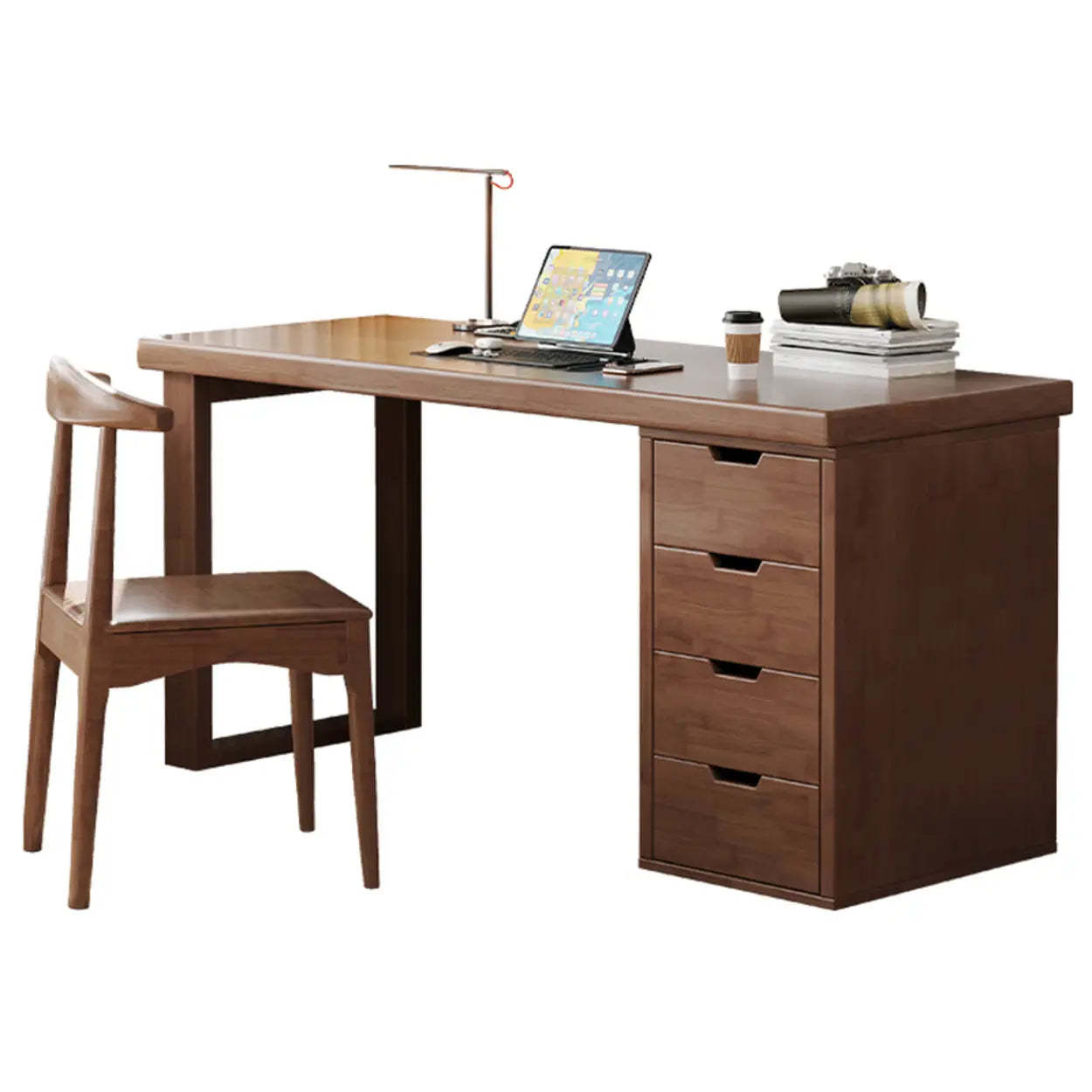 White Butcher Block Soft-Close Computer Desk — Without Chairs / Natural Finish