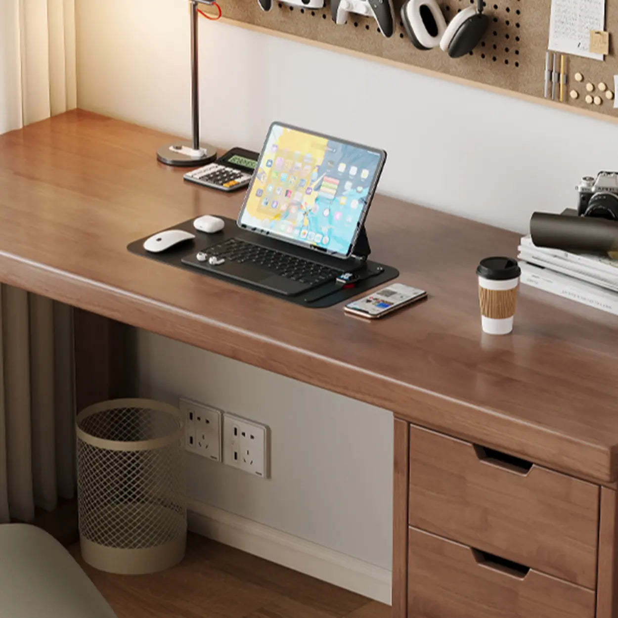 White Butcher Block Soft-Close Computer Desk — Without Chairs / Natural Finish