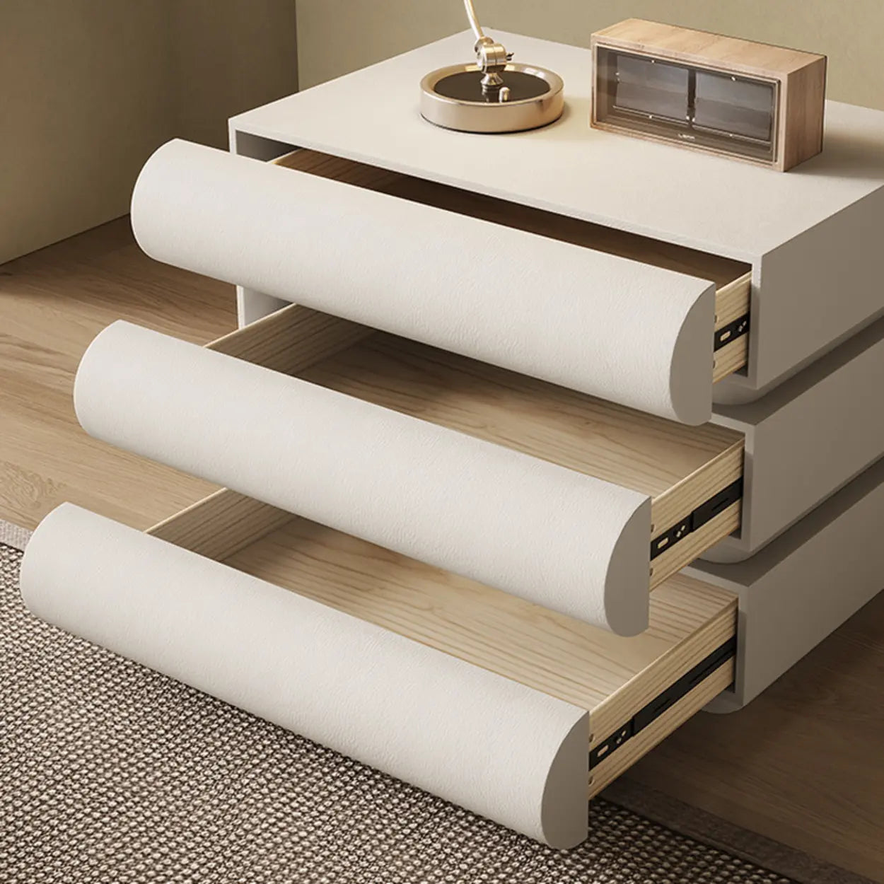 White Compact 3-Drawer Wood Faux Leather Nightstand — Off-White