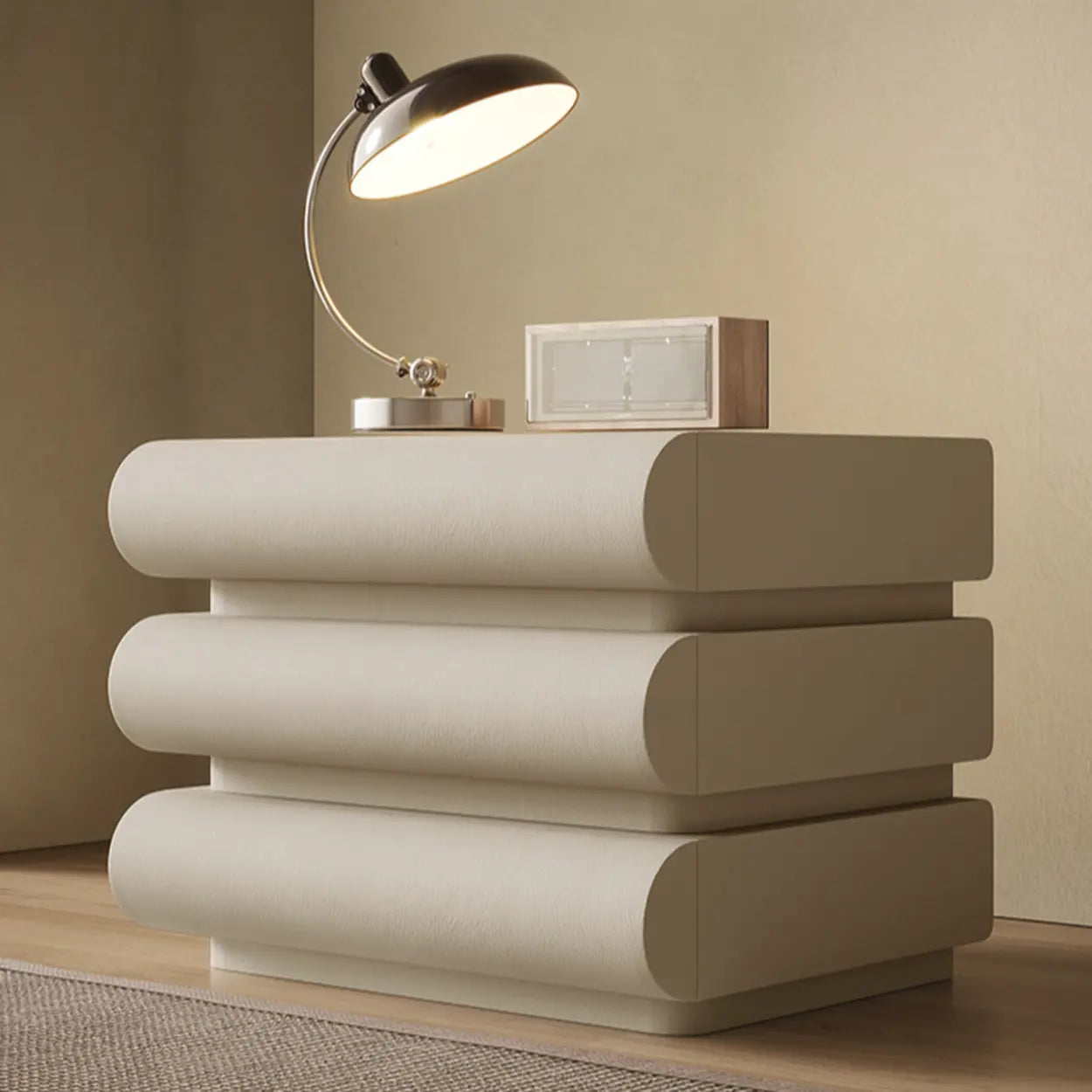 White Compact 3-Drawer Wood Faux Leather Nightstand — Khaki