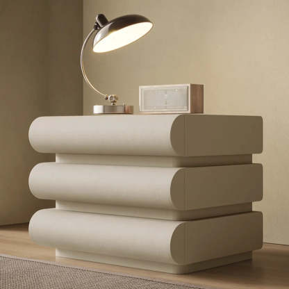 White Compact 3-Drawer Wood Faux Leather Nightstand — Khaki