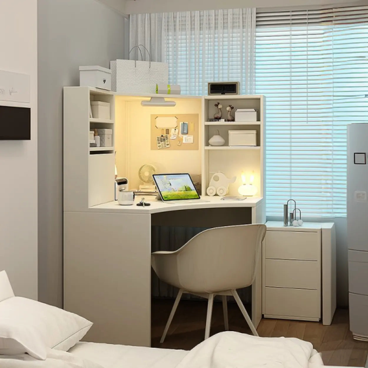 White Compact Hutch Corner Computer Desk