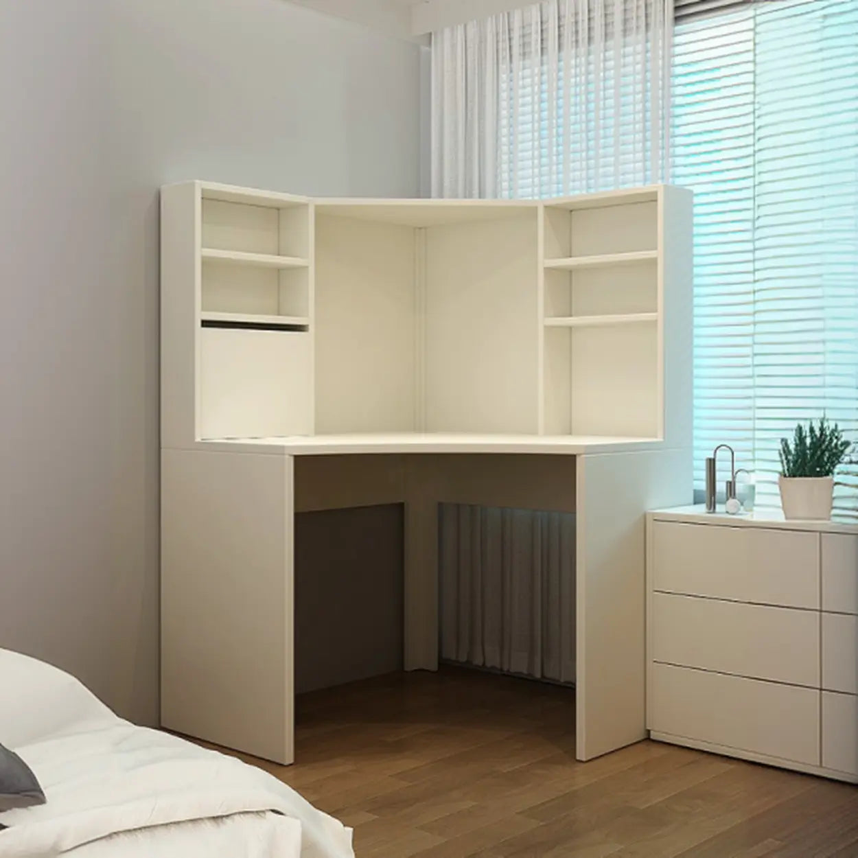 White Compact Hutch Corner Computer Desk