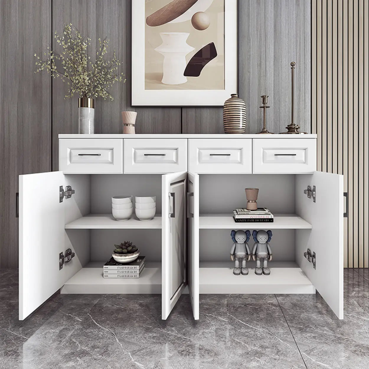 White Composite Wood Buffet with Drawers and Shelves