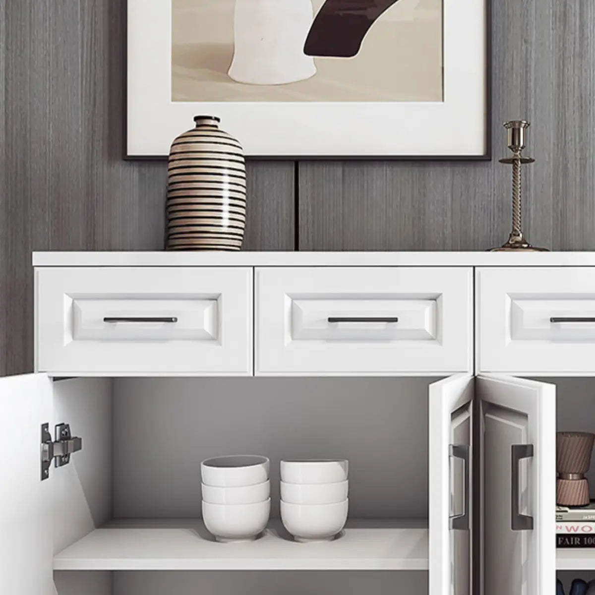 White Composite Wood Buffet with Drawers and Shelves