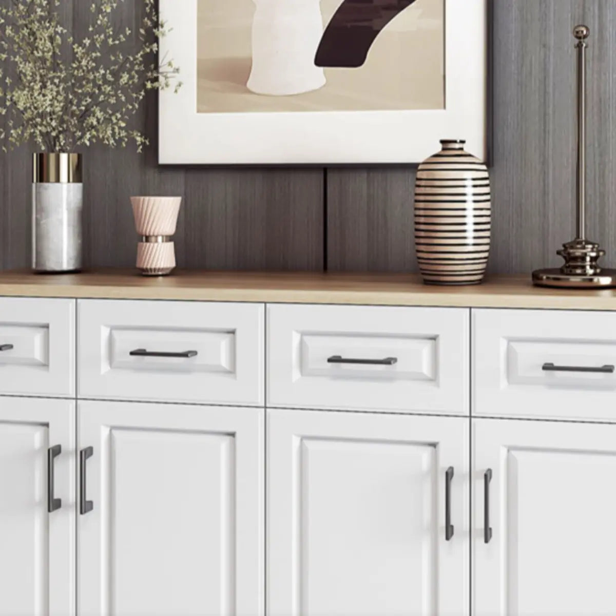 White Composite Wood Buffet with Drawers and Shelves