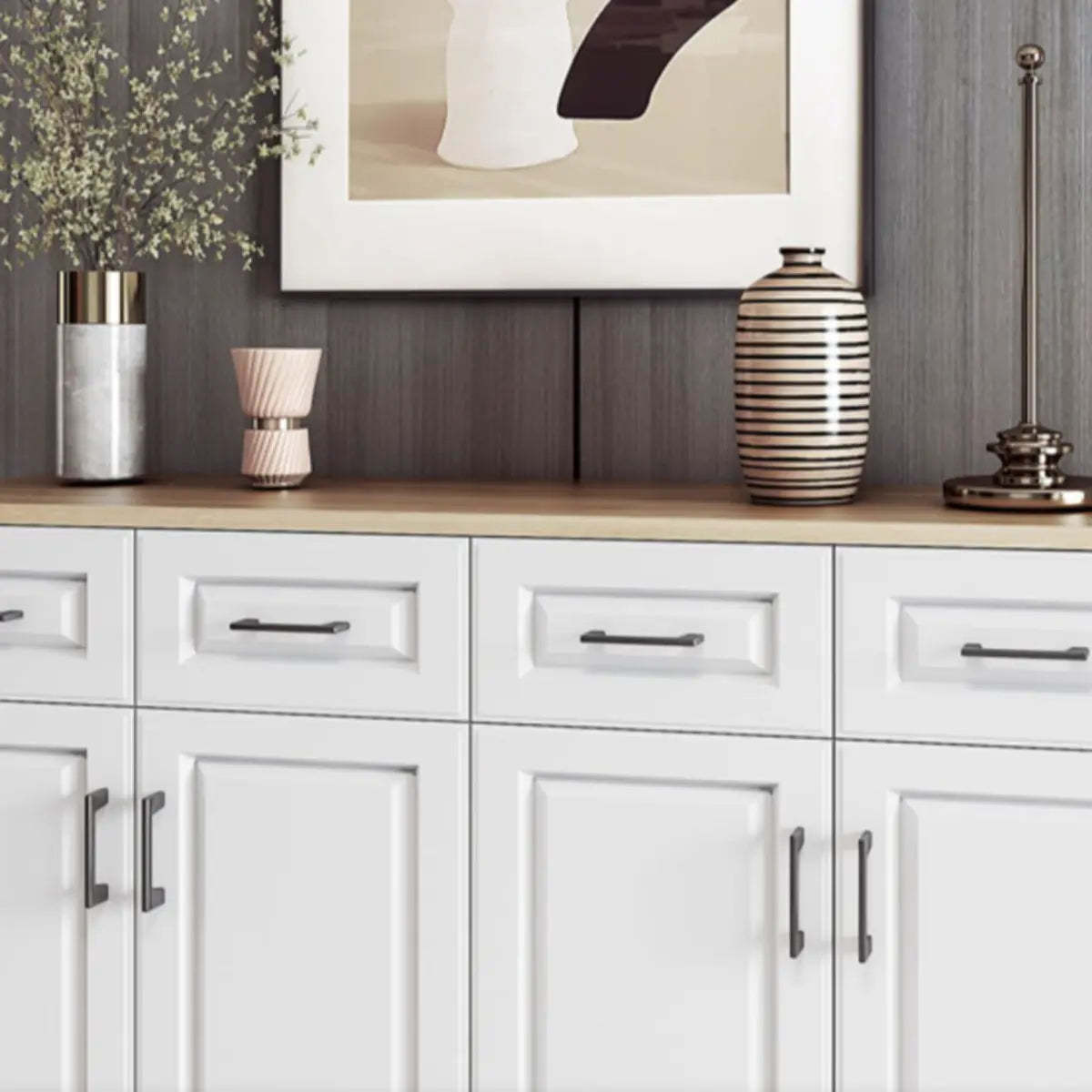 White Composite Wood Buffet with Drawers and Shelves