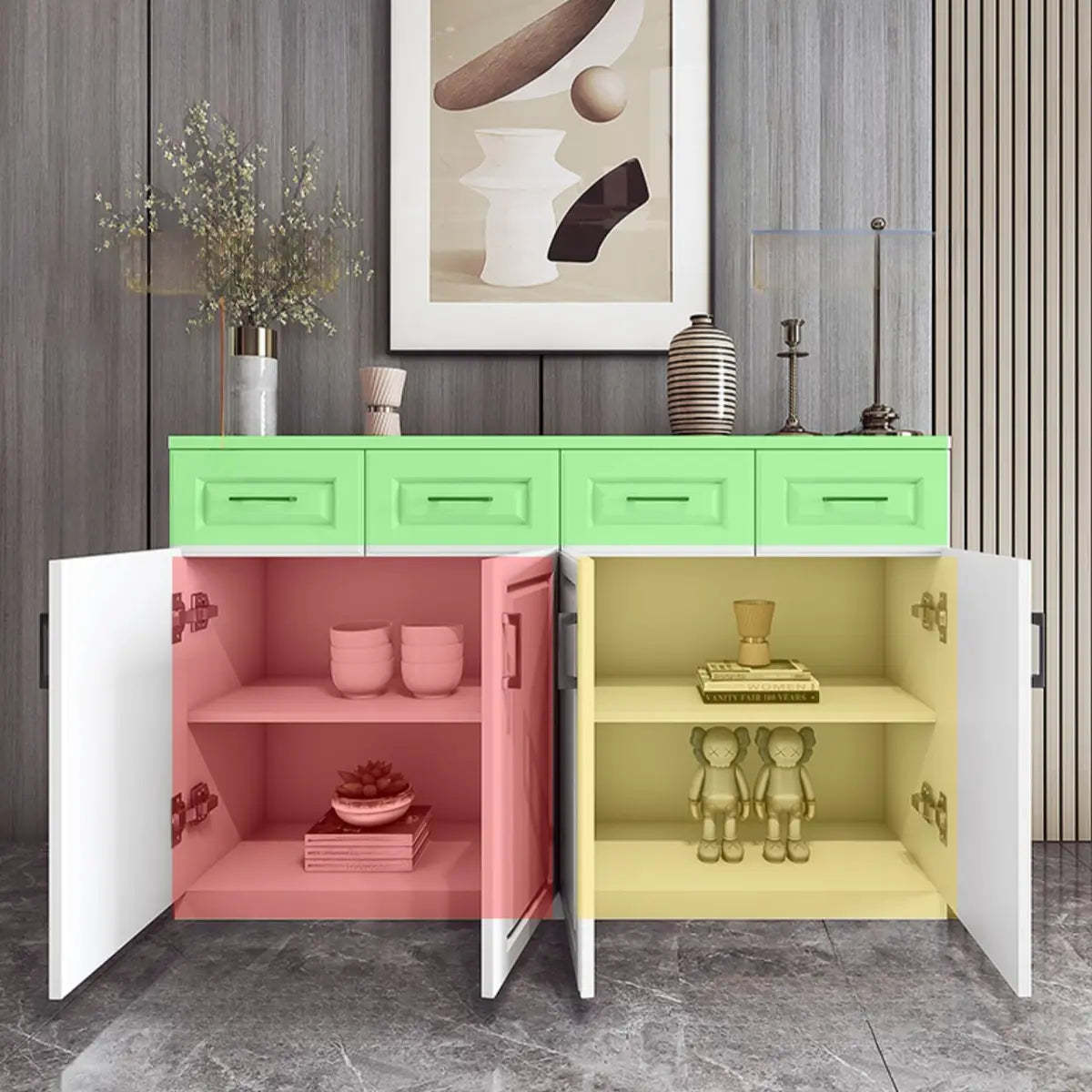 White Composite Wood Buffet with Drawers and Shelves
