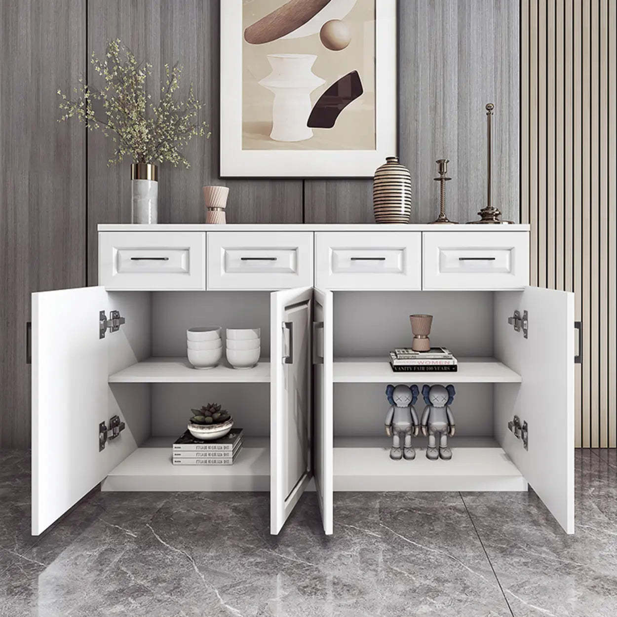 White Composite Wood Buffet with Drawers and Shelves