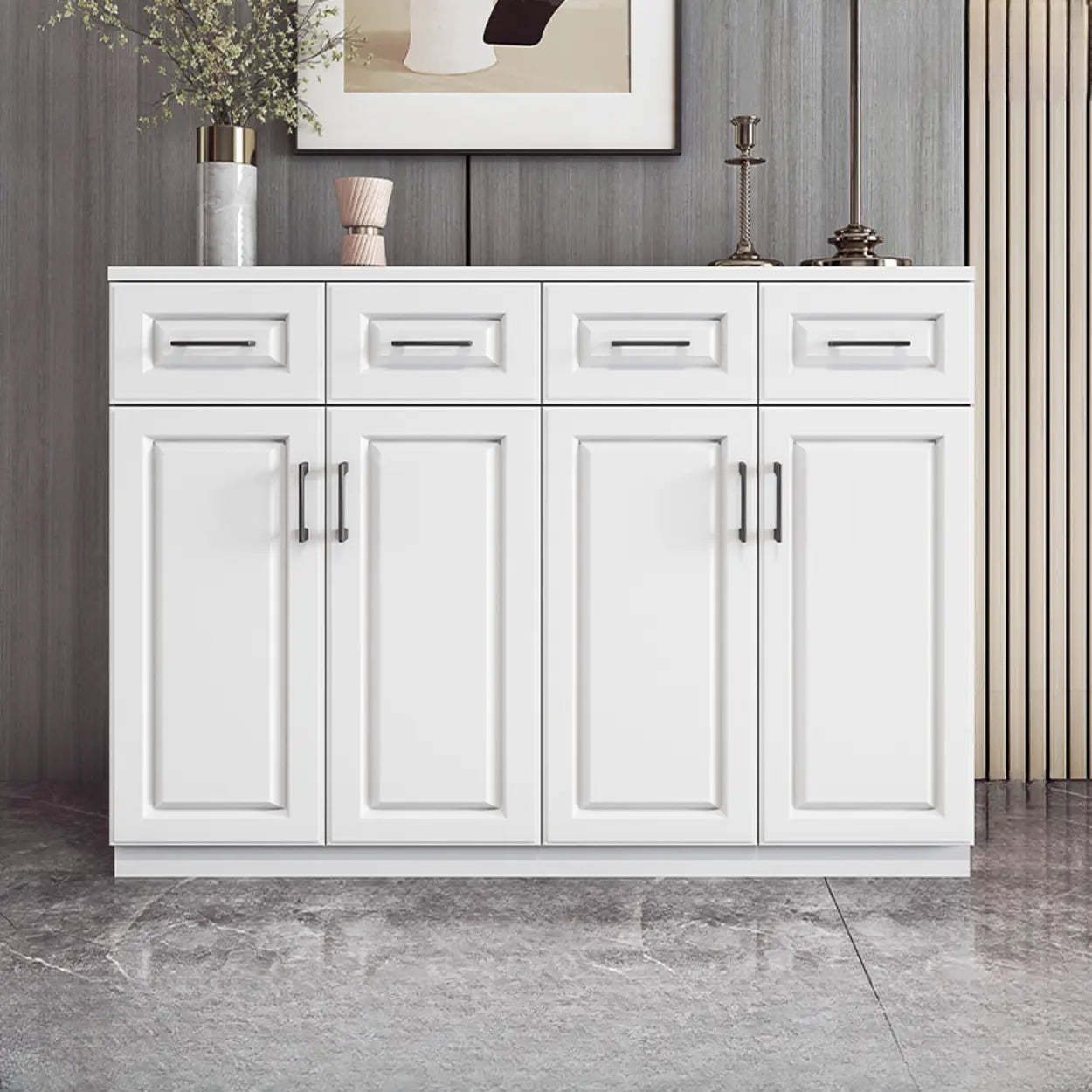 White Composite Wood Buffet with Drawers and Shelves