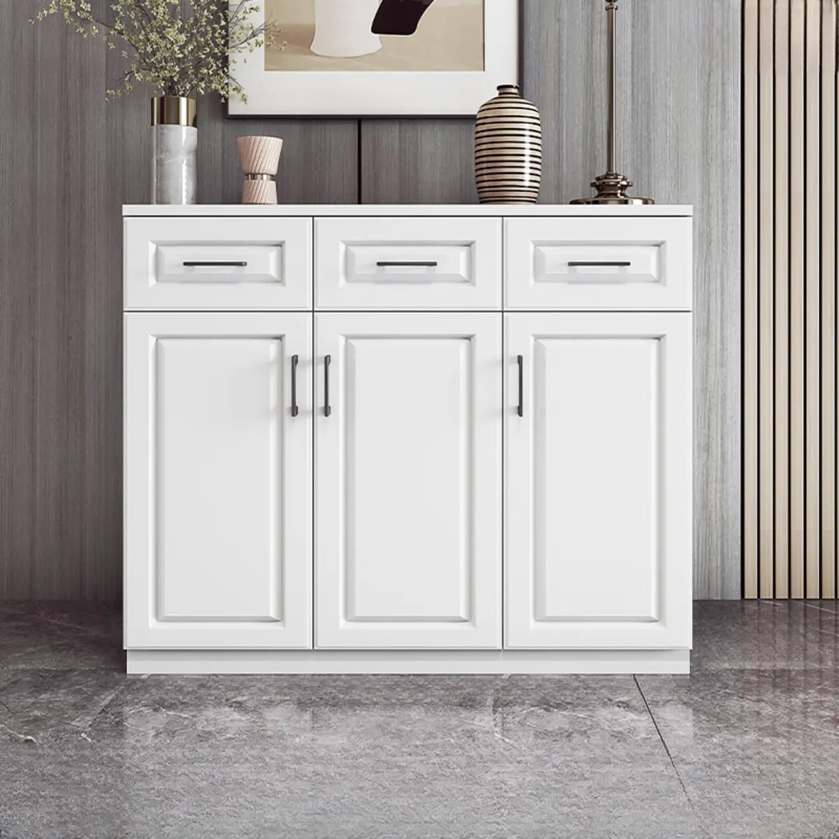 White Composite Wood Buffet with Drawers and Shelves