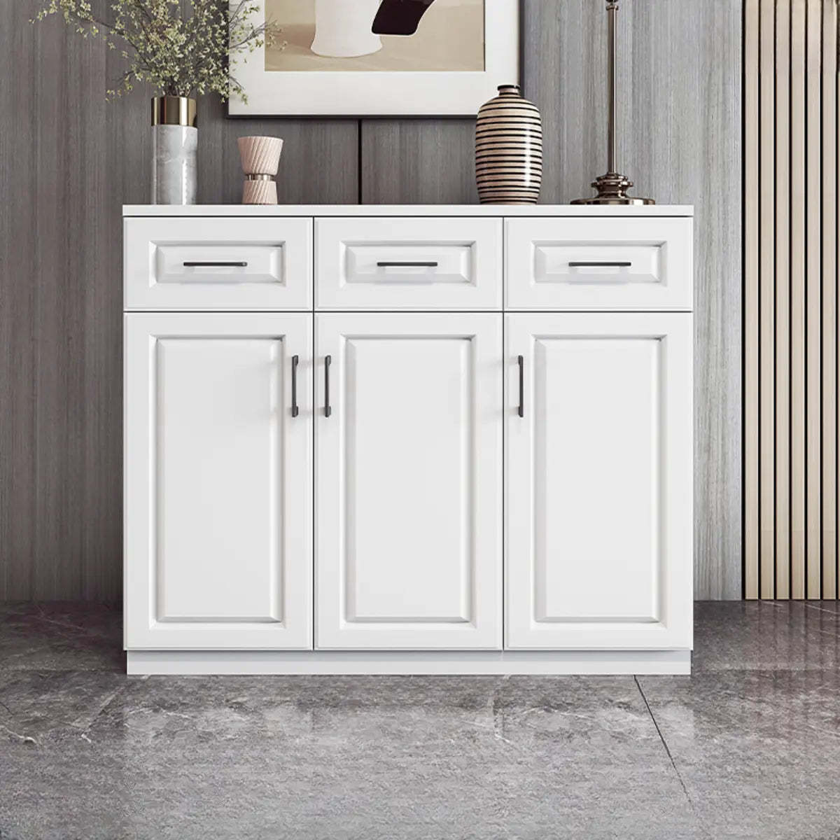 White Composite Wood Buffet with Drawers and Shelves