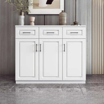 White Composite Wood Buffet with Drawers and Shelves