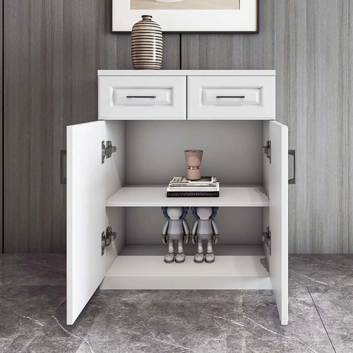 White Composite Wood Buffet with Drawers and Shelves