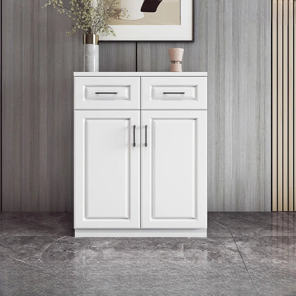 White Composite Wood Buffet with Drawers and Shelves