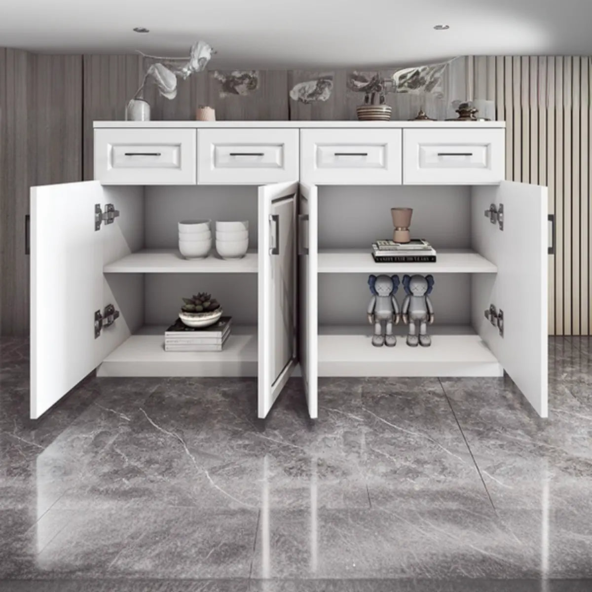 White Composite Wood Buffet with Drawers and Shelves