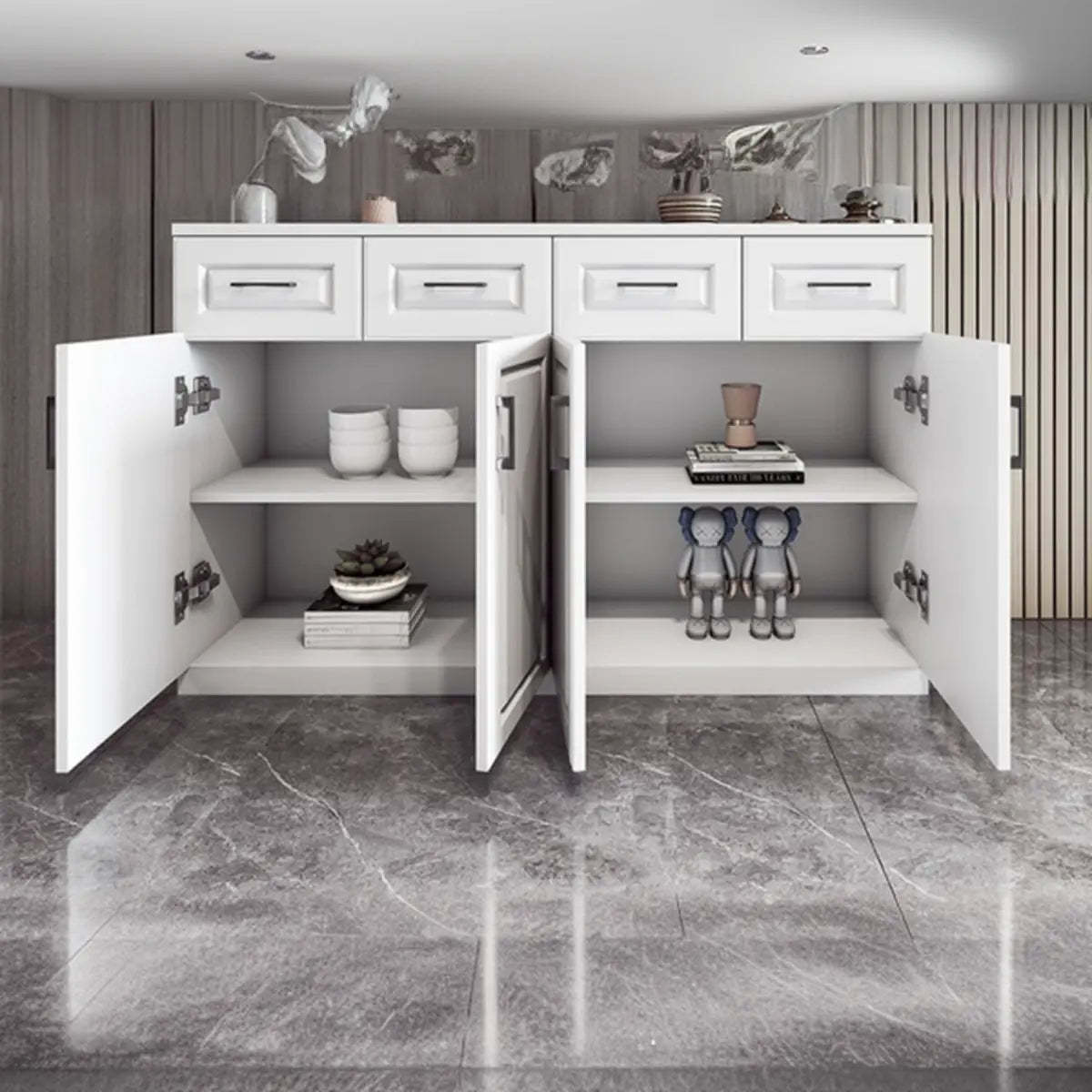 White Composite Wood Buffet with Drawers and Shelves