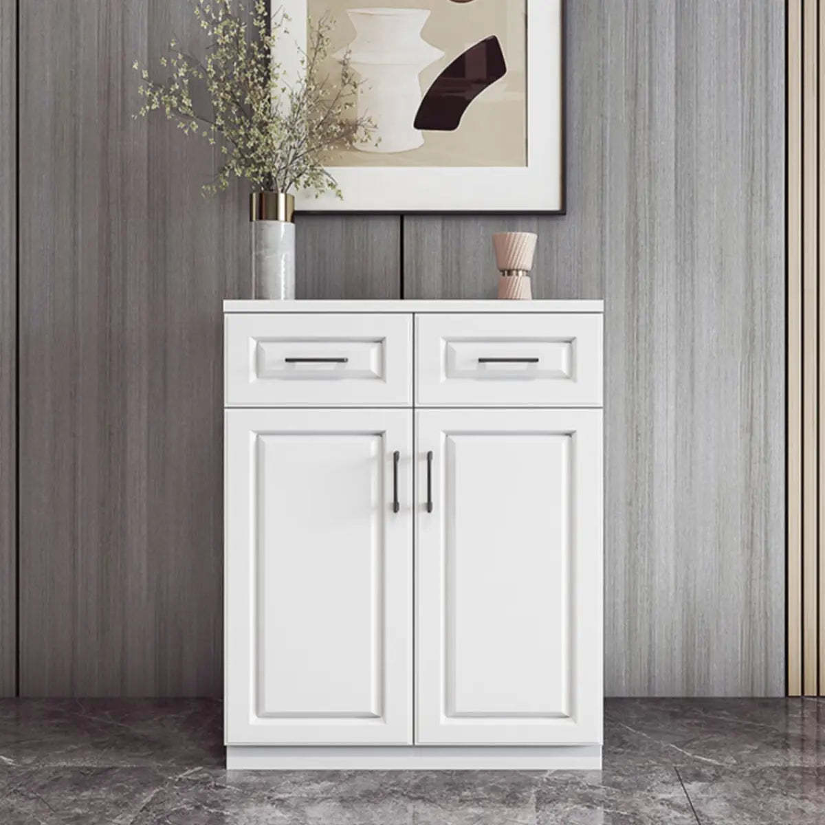 White Composite Wood Buffet with Drawers and Shelves