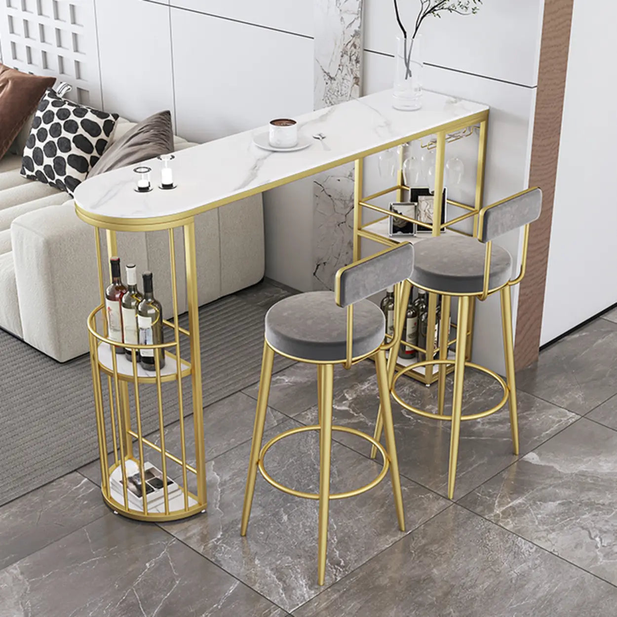 White Curved Metal Large Bar Table with Shelf — Table Only
