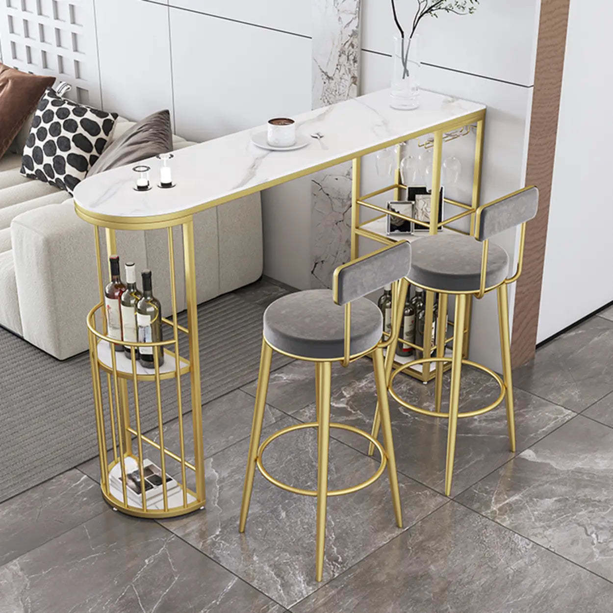 White Curved Metal Large Bar Table with Shelf — Table Only
