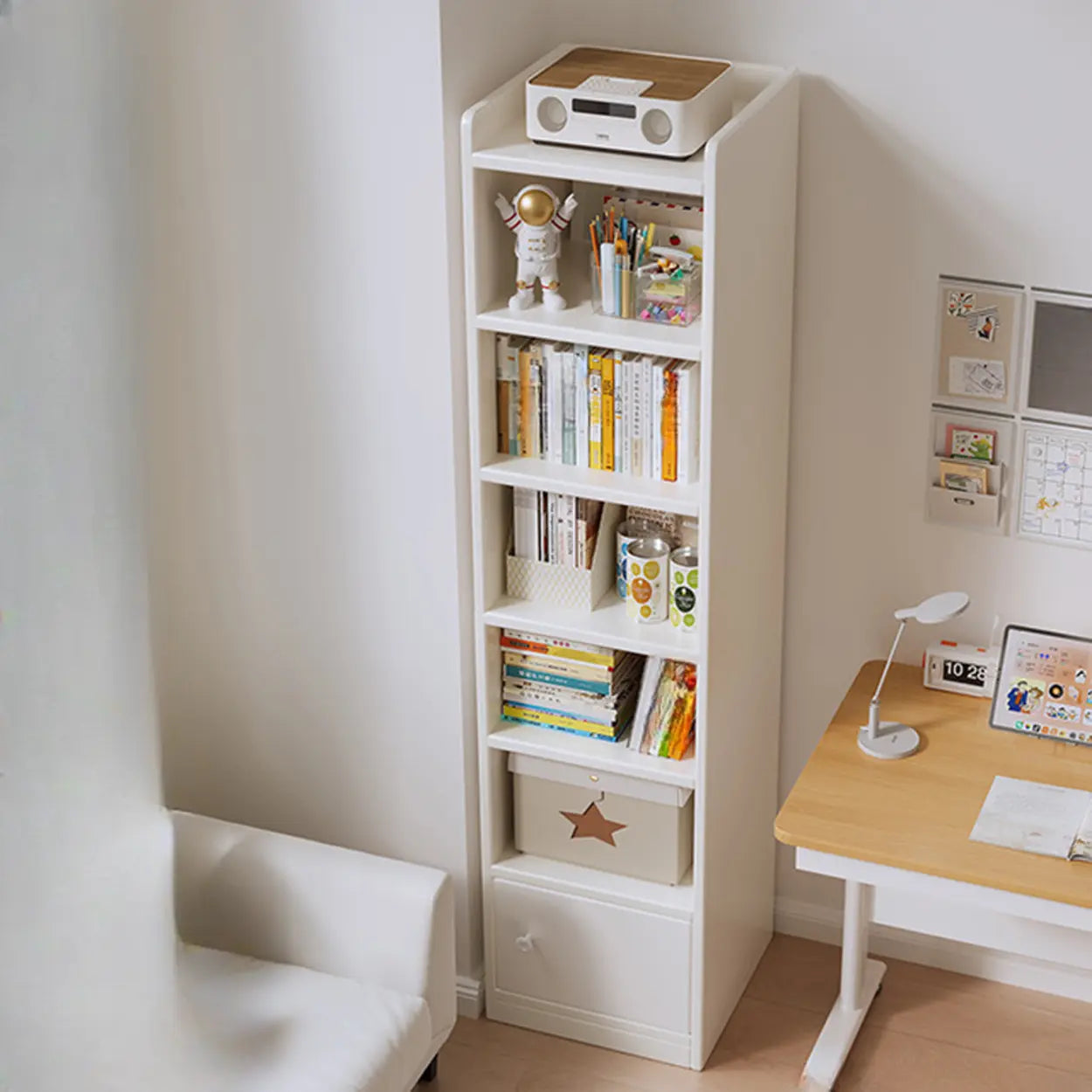 White Elegant Wood Narrow Bookcase