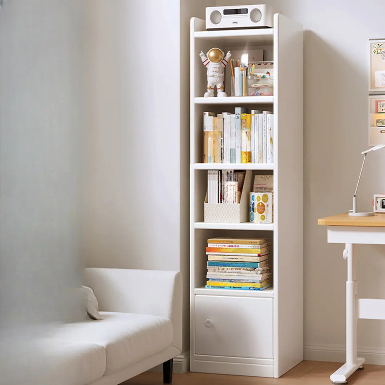 White Elegant Wood Narrow Bookcase — Warm White
