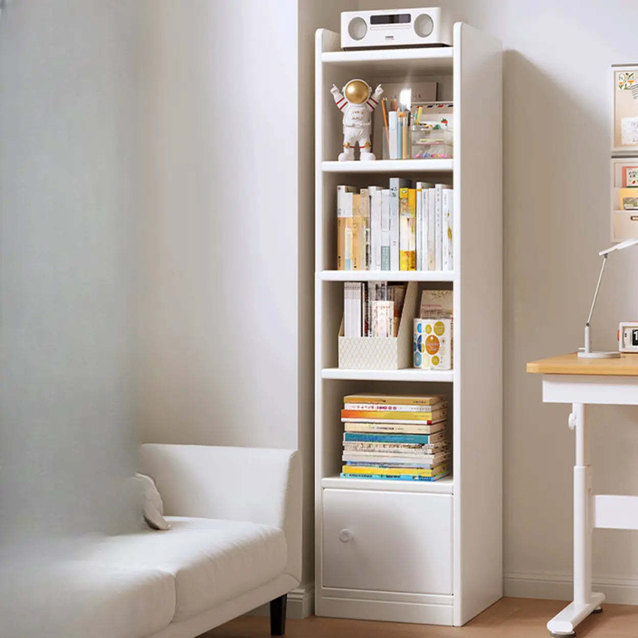 White Elegant Wood Narrow Bookcase — Warm White