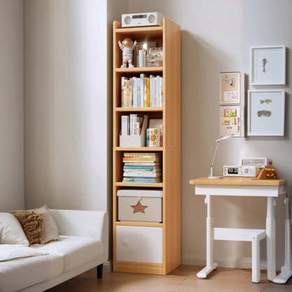 White Elegant Wood Narrow Bookcase — Oak/ White