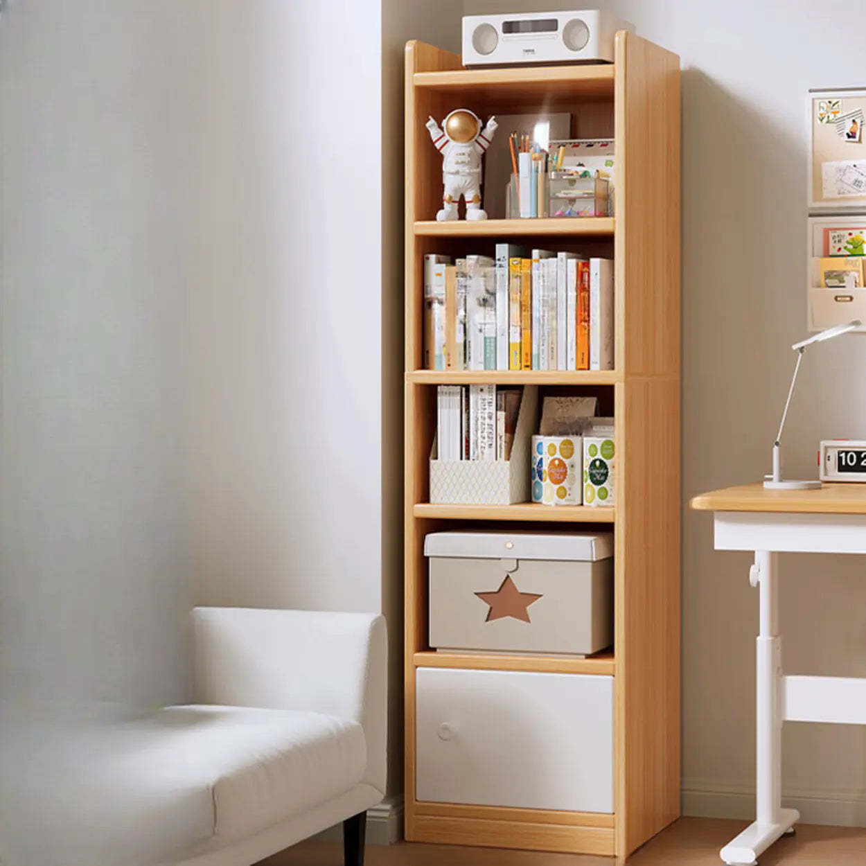 White Elegant Wood Narrow Bookcase