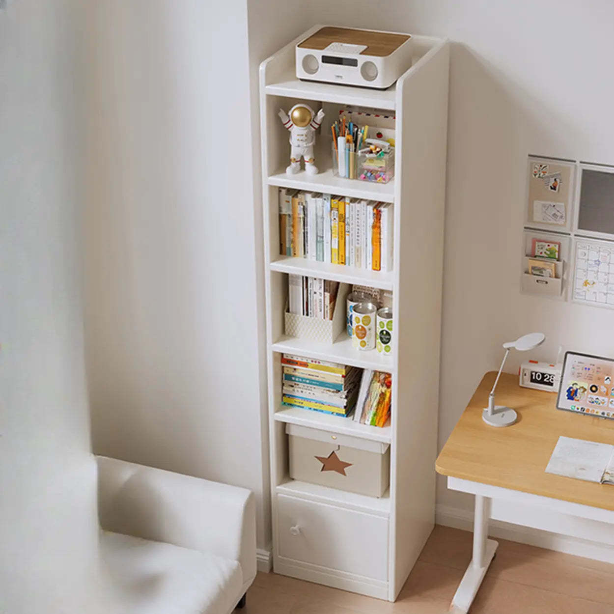 White Elegant Wood Narrow Bookcase — Warm White