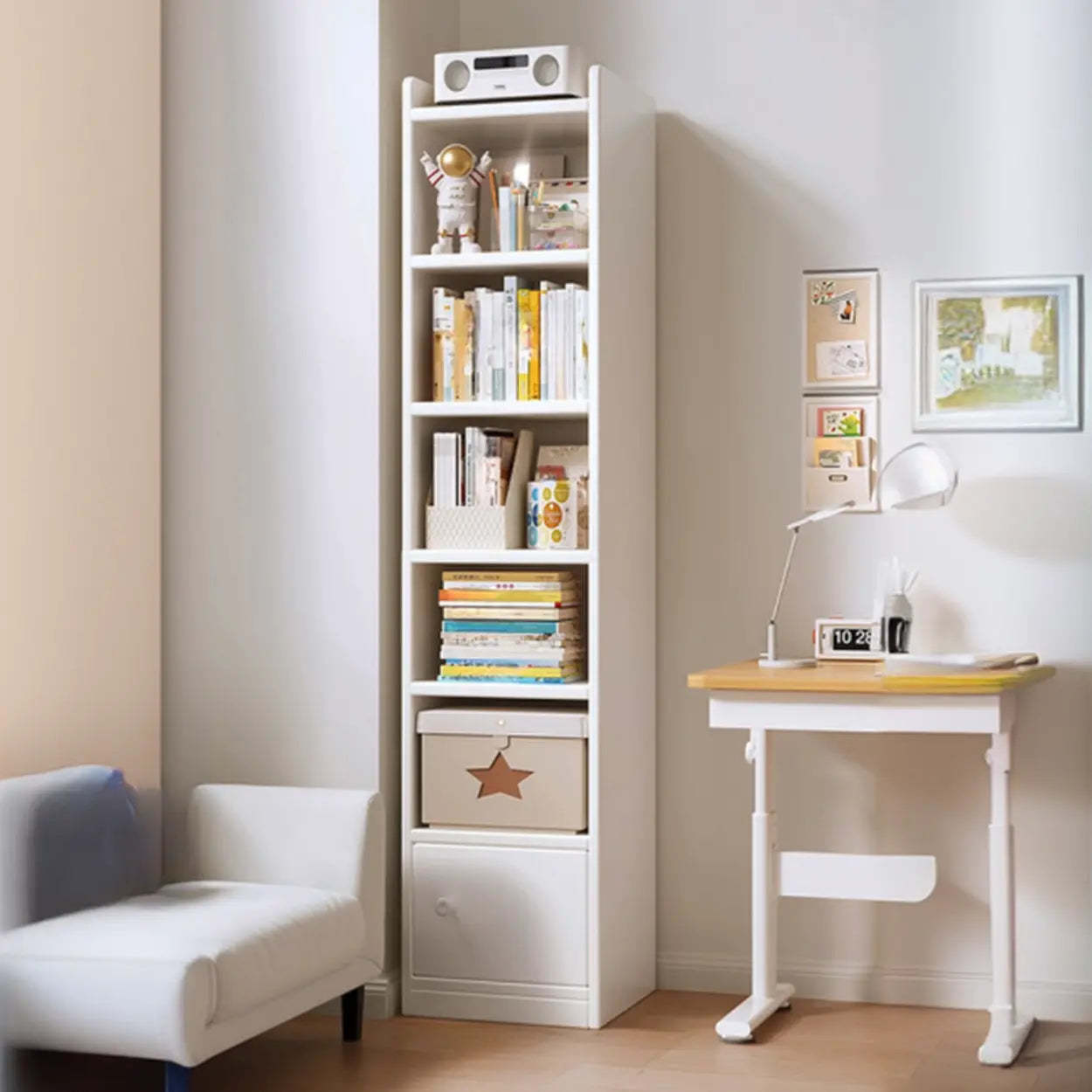 White Elegant Wood Narrow Bookcase — Oak/ White
