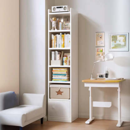 White Elegant Wood Narrow Bookcase — Oak/ White